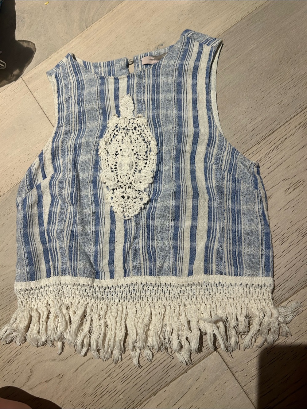 Blue and White Cropped Crochet Fringe Tank